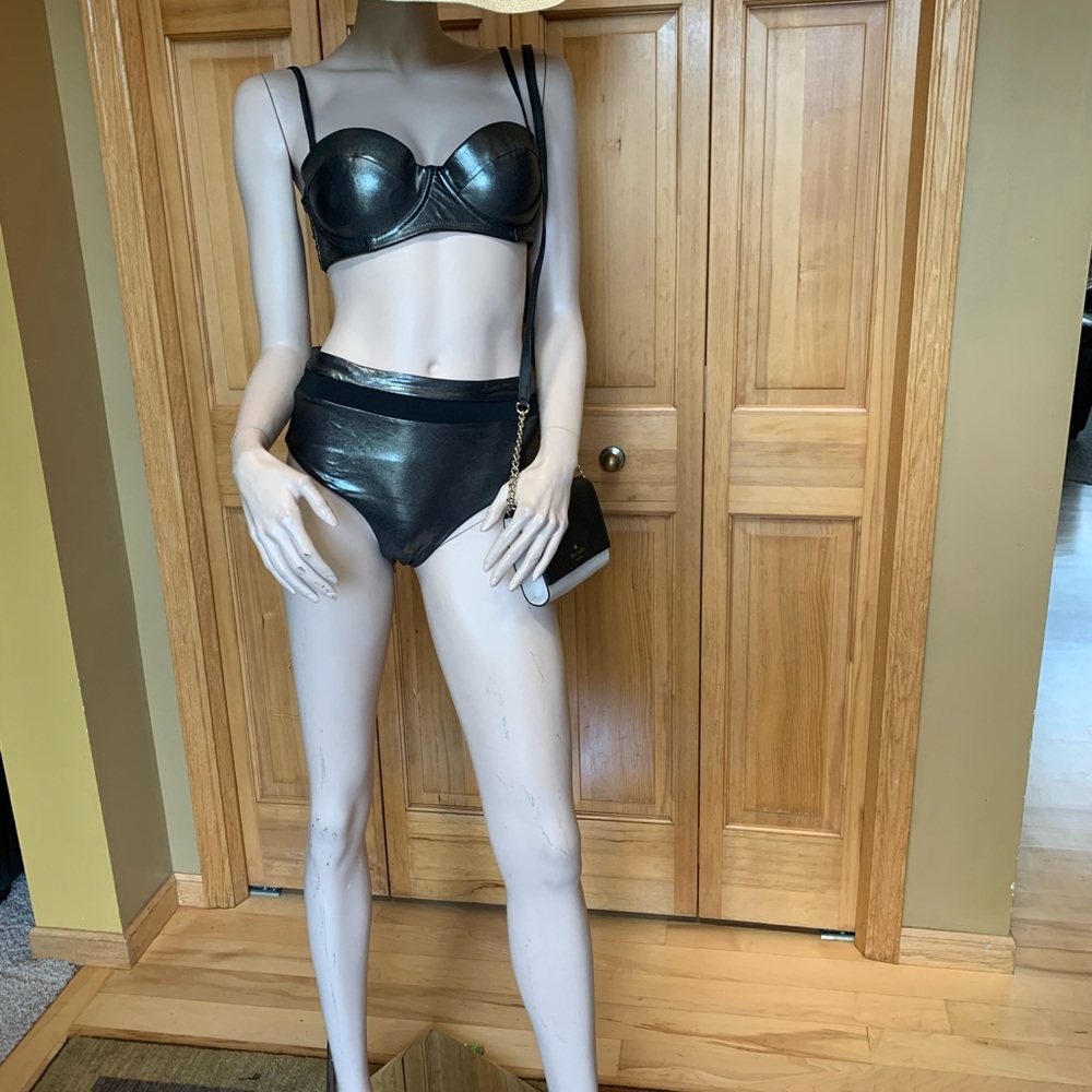Women's High Waist Balcony Black Metallic SwimSuit Bikini Size Medium #201 Swim